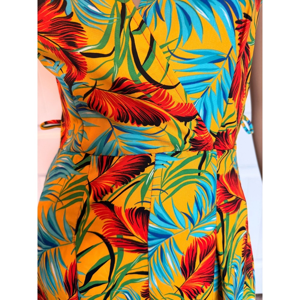 Forever 21 Tropical Palm Leaf Sleeveless Jumpsuit Mustard Yellow Sm Beachy Boho‎ - Picture 10 of 16